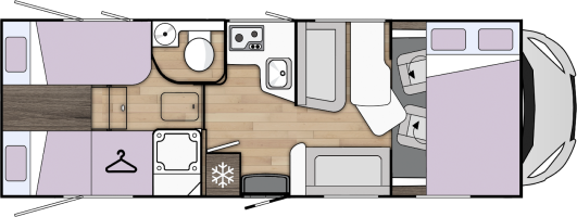 Top-down floor plan of a camper van showing two rear beds, wardrobe, bathroom, kitchen, seating area, and front cab.
